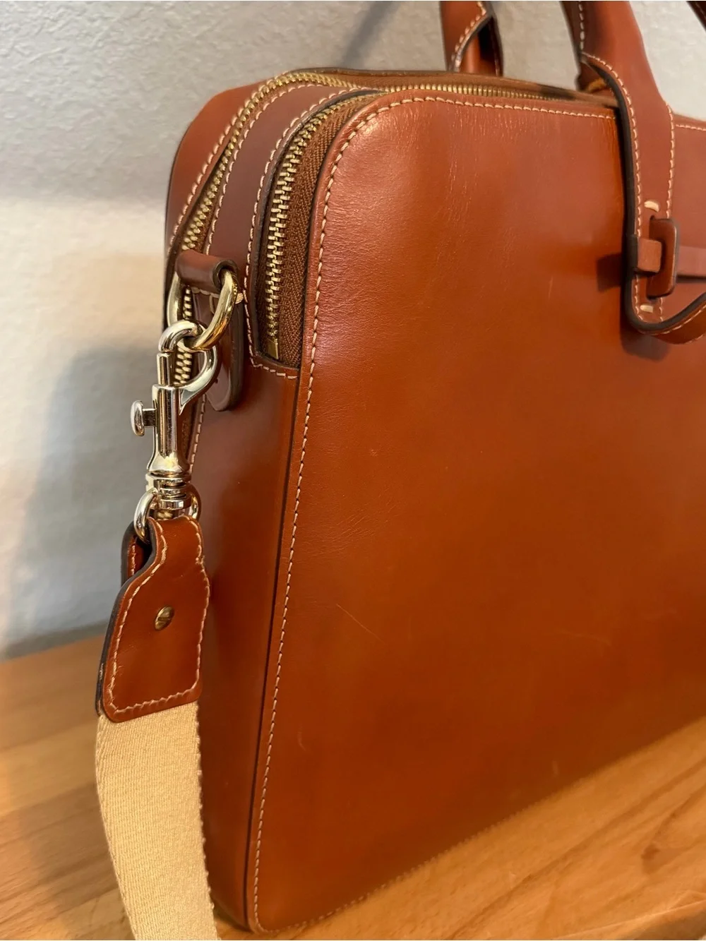Dooney & Bourke Cognac Double Zip Leather Briefcase Messenger Bag Laptop